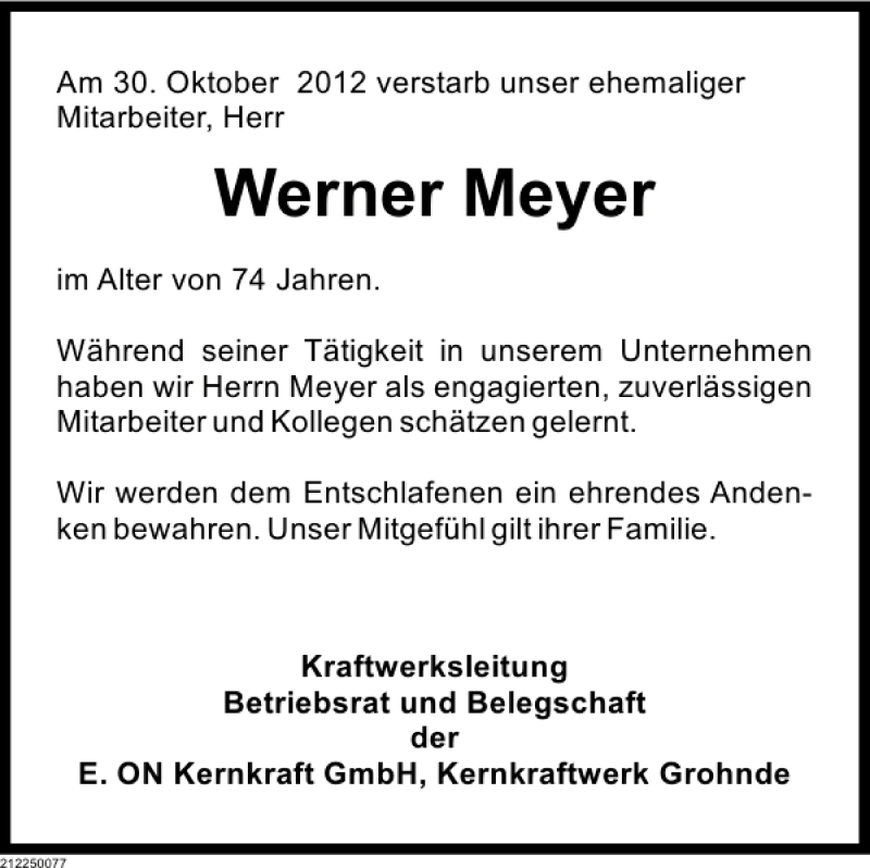 Traueranzeigen Von Nachruf Werner Meyer Trauerportal Ihrer Tageszeitung