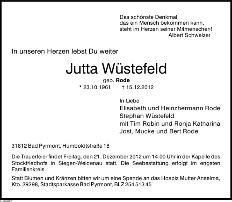 Traueranzeigen Von Jutta W Stefeld Trauerportal Ihrer Tageszeitung