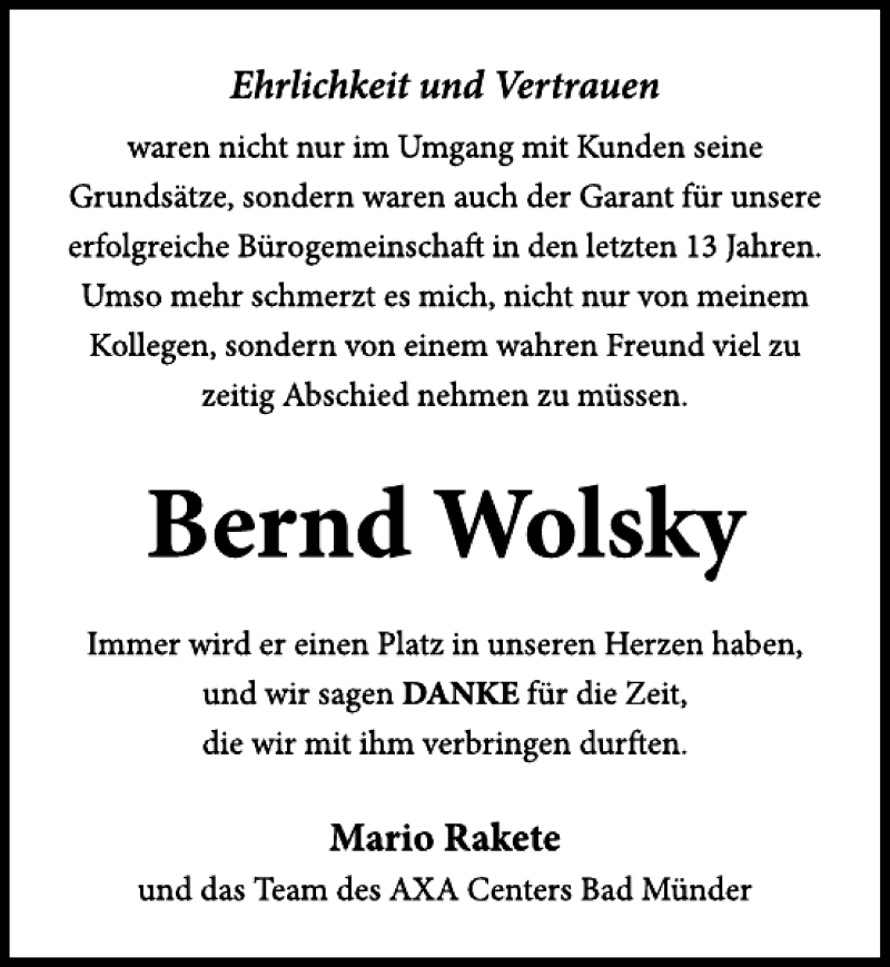 Traueranzeigen Von Nachruf Bernd Wolsky Trauerportal Ihrer Tageszeitung