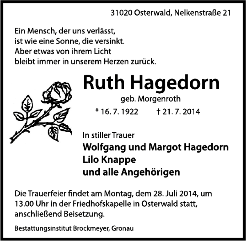 Traueranzeigen Von Ruth Hagedorn Trauerportal Ihrer Tageszeitung