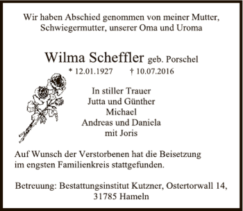 Traueranzeigen Von Wilma Scheffler Trauerportal Ihrer Tageszeitung