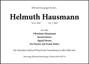 Traueranzeigen Von Helmuth Hausmann Trauerportal Ihrer Tageszeitung