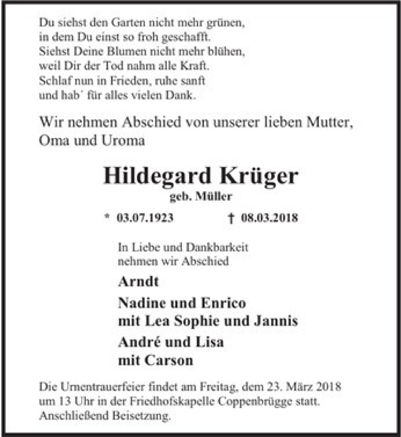 Traueranzeigen von Hildegard Krüger Trauerportal Ihrer Tageszeitung