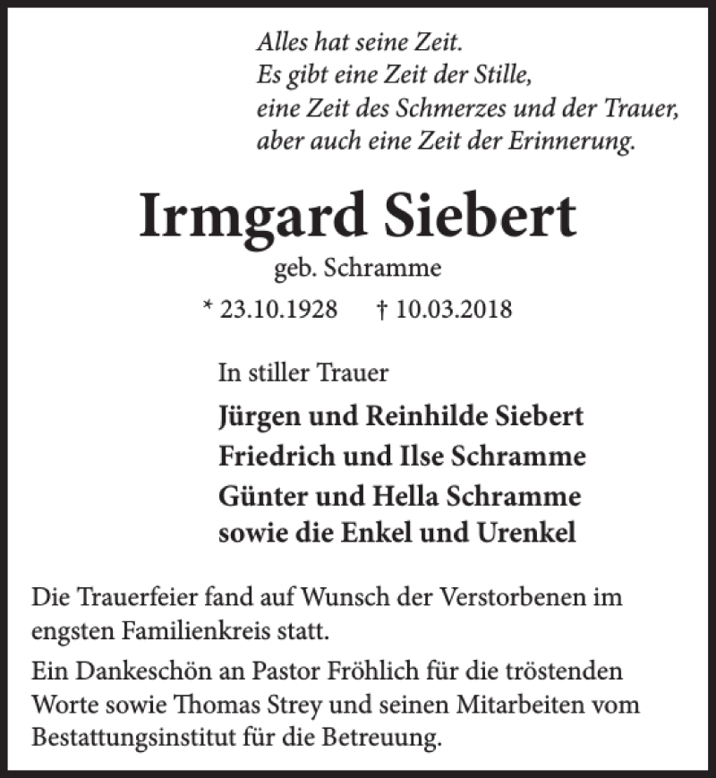 Traueranzeigen Von Irmgard Siebert Trauerportal Ihrer Tageszeitung