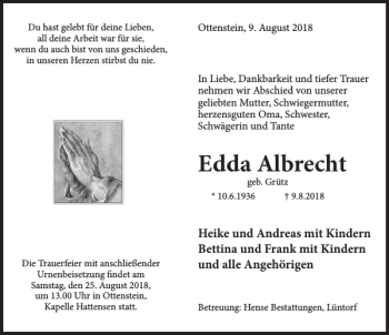 Traueranzeigen Von Edda Albrecht Trauerportal Ihrer Tageszeitung