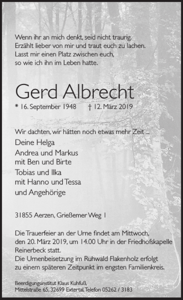 Traueranzeigen Von Gerd Albrecht Trauerportal Ihrer Tageszeitung