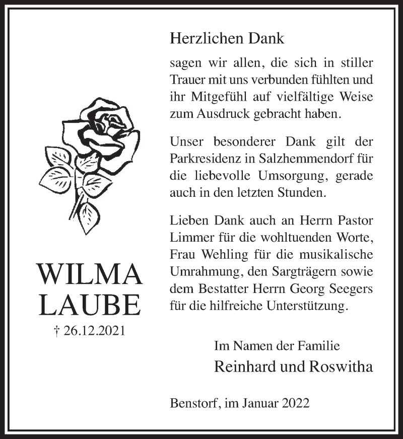 Traueranzeigen Von Wilma Laube Trauerportal Ihrer Tageszeitung