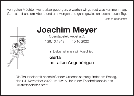 Traueranzeigen Von Joachim Meyer Trauerportal Ihrer Tageszeitung