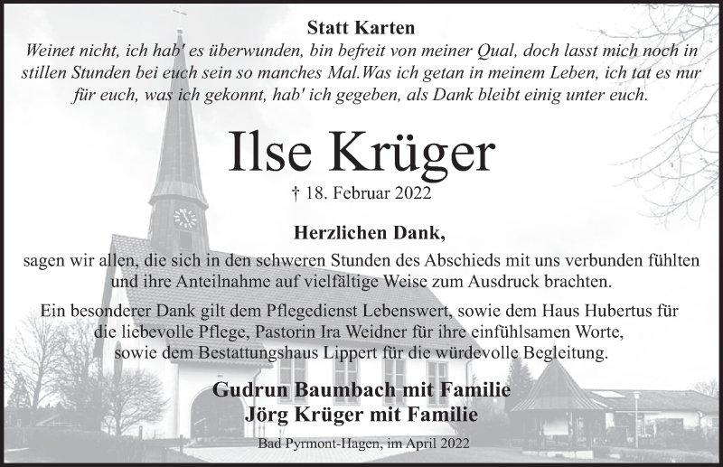 Traueranzeigen von Ilse Krüger Trauerportal Ihrer Tageszeitung