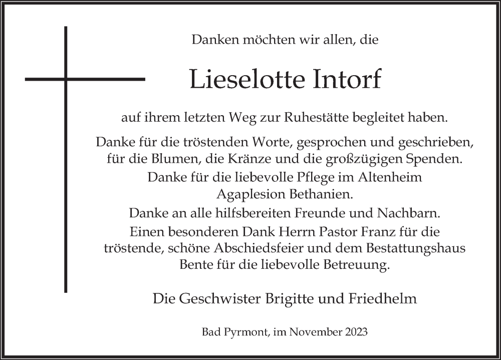 Traueranzeigen Von Lieselotte Intorf Trauerportal Ihrer Tageszeitung