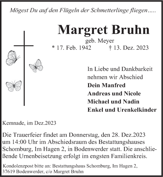 Traueranzeigen Von Margret Bruhn Trauerportal Ihrer Tageszeitung