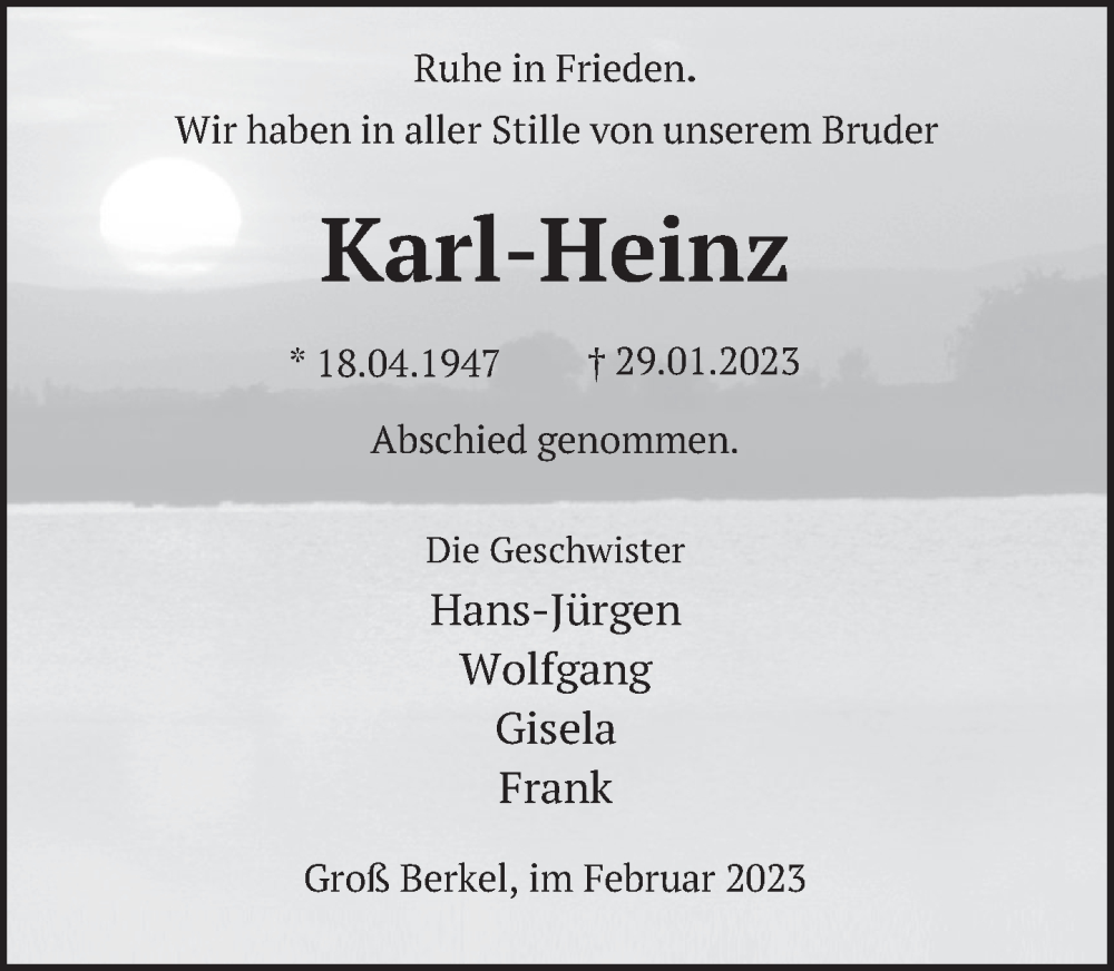 Traueranzeigen Von Karl Heinz Trauerportal Ihrer Tageszeitung