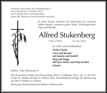 Traueranzeige von Alfred Stukenberg von Deister- und Weserzeitung