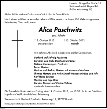 Traueranzeige von Alice Paschwitz von Deister- und Weserzeitung