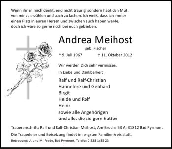 Traueranzeige von Andrea Meihost von Deister- und Weserzeitung