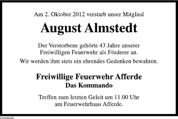 Traueranzeige von August Almstedt von Deister- und Weserzeitung