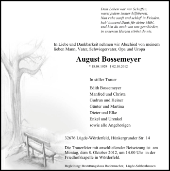 Traueranzeige von August Bossemeyer von Deister- und Weserzeitung