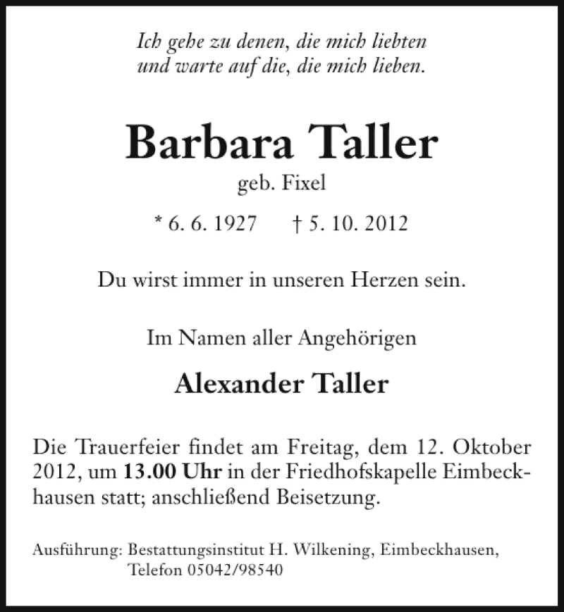  Traueranzeige für Barbara Taller vom 09.10.2012 aus Neue Deister-Zeitung