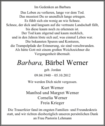 Traueranzeige von Barbara Werner von Deister- und Weserzeitung