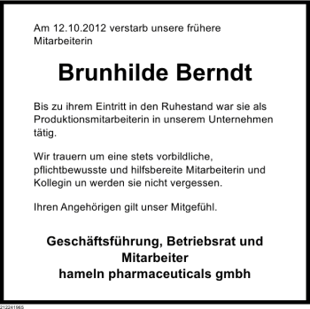 Traueranzeige von Brunhilde Berndt von Deister- und Weserzeitung