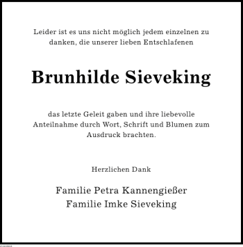 Traueranzeige von Brunhilde Sieveking von Deister- und Weserzeitung