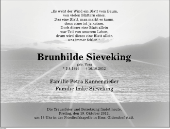 Traueranzeige von Brunhilde Sieveking von Deister- und Weserzeitung