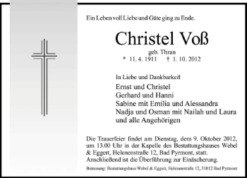 Traueranzeige von Christel Voß von Deister- und Weserzeitung