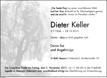 Traueranzeige von Dieter Keller von Deister- und Weserzeitung