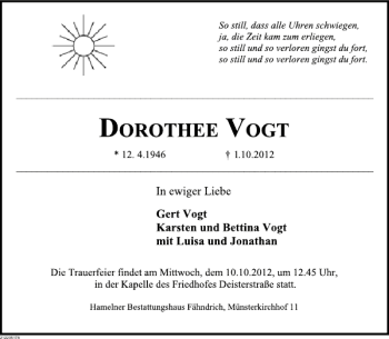 Traueranzeige von Dorothee Vogt von Deister- und Weserzeitung