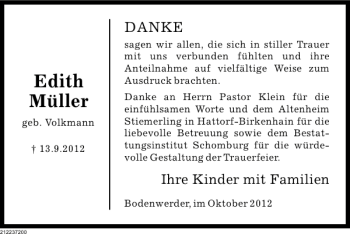 Traueranzeige von Edith Müller von Deister- und Weserzeitung