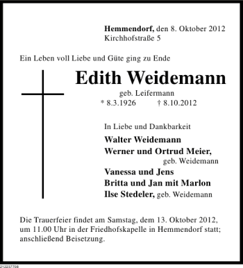 Traueranzeige von Edith Weidemann von Deister- und Weserzeitung