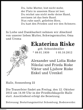 Traueranzeige von Ekaterina Riske von Deister- und Weserzeitung