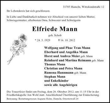 Traueranzeige von Elfriede Mann von Deister- und Weserzeitung