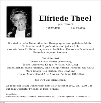 Traueranzeige von Elfriede Theel von Deister- und Weserzeitung