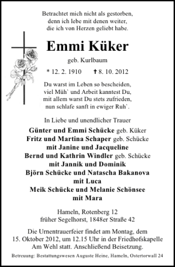 Traueranzeige von Emmi Küker von Deister- und Weserzeitung