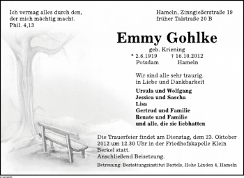 Traueranzeige von Emmy Gohlke von Deister- und Weserzeitung