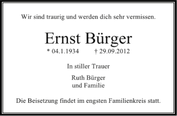 Traueranzeige von Ernst Bürger von Deister- und Weserzeitung