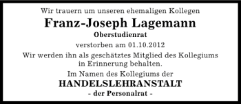 Traueranzeige von Franz-Joseph Lagemann von Deister- und Weserzeitung