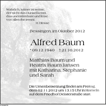 Traueranzeige von Freitag um Hameln Deisterstraße von Deister- und Weserzeitung