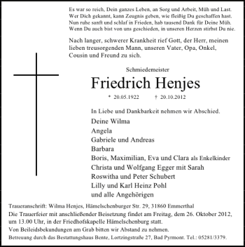 Traueranzeige von Friedrich Henjes von Deister- und Weserzeitung