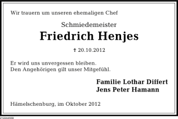 Traueranzeige von Friedrich Henjes von Deister- und Weserzeitung