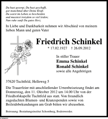 Traueranzeige von Friedrich Schinkel von Deister- und Weserzeitung