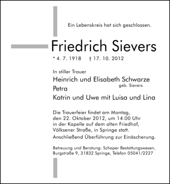Traueranzeige von Friedrich Sievers von Neue Deister-Zeitung