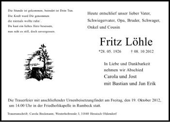 Traueranzeige von Fritz Löhle von Deister- und Weserzeitung