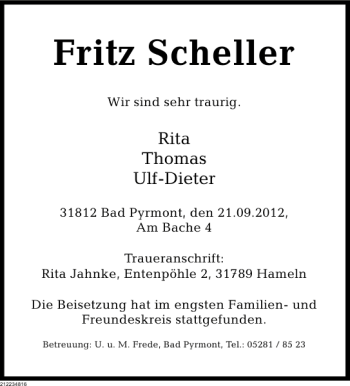 Traueranzeige von Fritz Scheller von Deister- und Weserzeitung