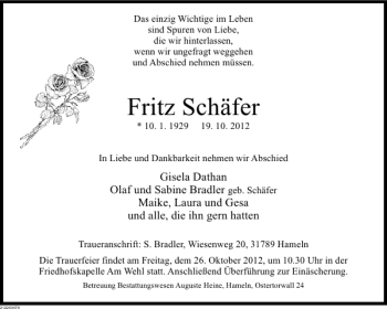 Traueranzeige von Fritz Schäfer von Deister- und Weserzeitung