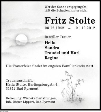Traueranzeige von Fritz Stolte von Deister- und Weserzeitung