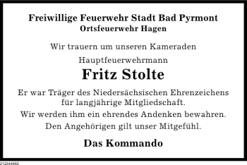 Traueranzeige von Fritz Stolte von Deister- und Weserzeitung