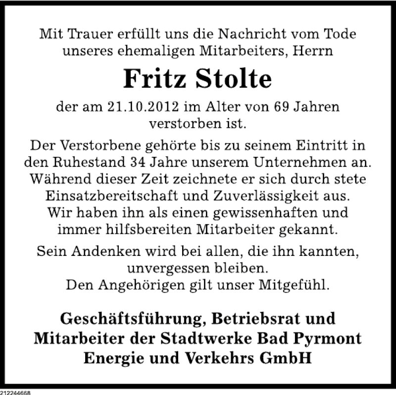  Traueranzeige für Fritz Stolte vom 25.10.2012 aus Deister- und Weserzeitung