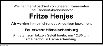 Traueranzeige von Fritze Henjes von Deister- und Weserzeitung